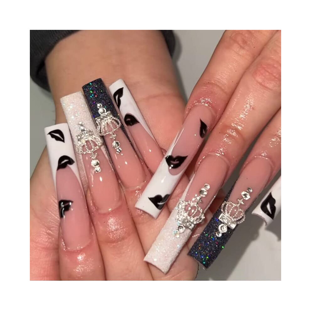White,Black Long Coffin Press On Nails With Rhinestones Glossy Black And White Acrylic False Nail Set 24Pcs