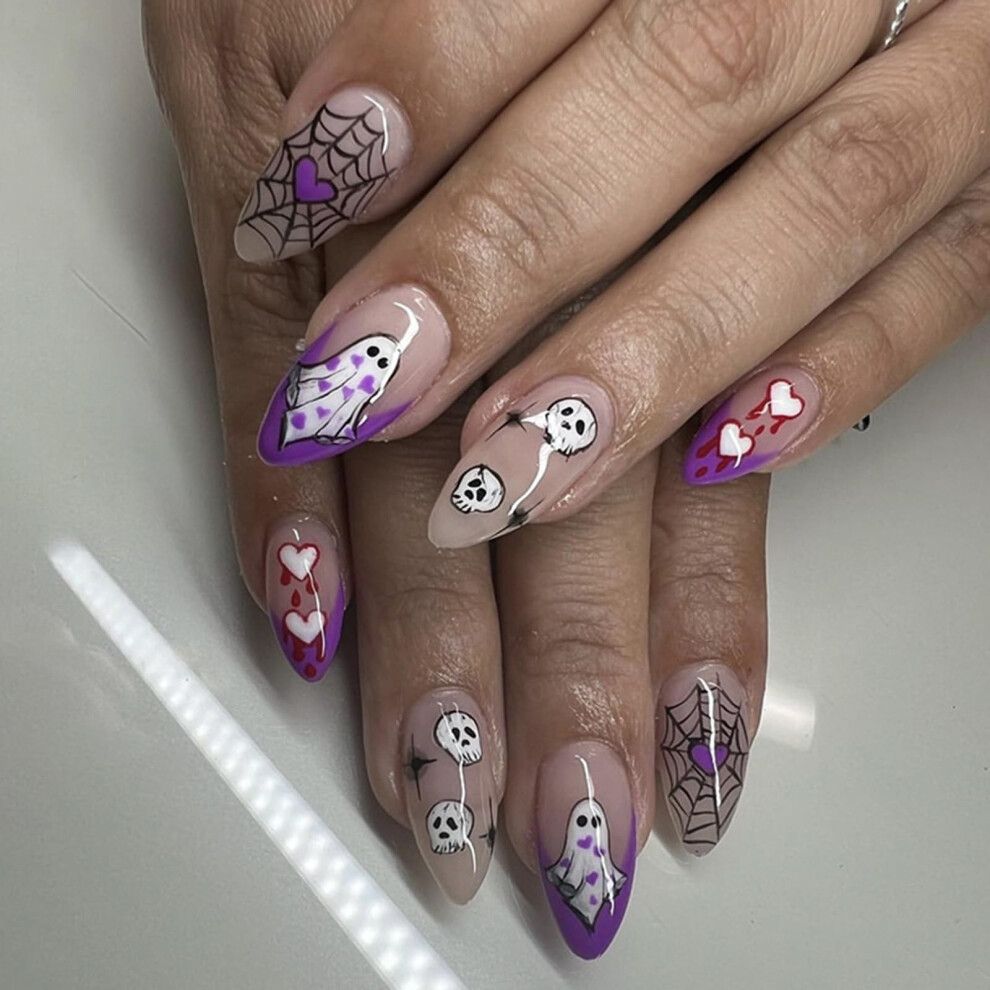 Halloween Press On Nails Purple Fake Nails with Spider Web Skull Ghost, Medium Almond Glossy Reusable