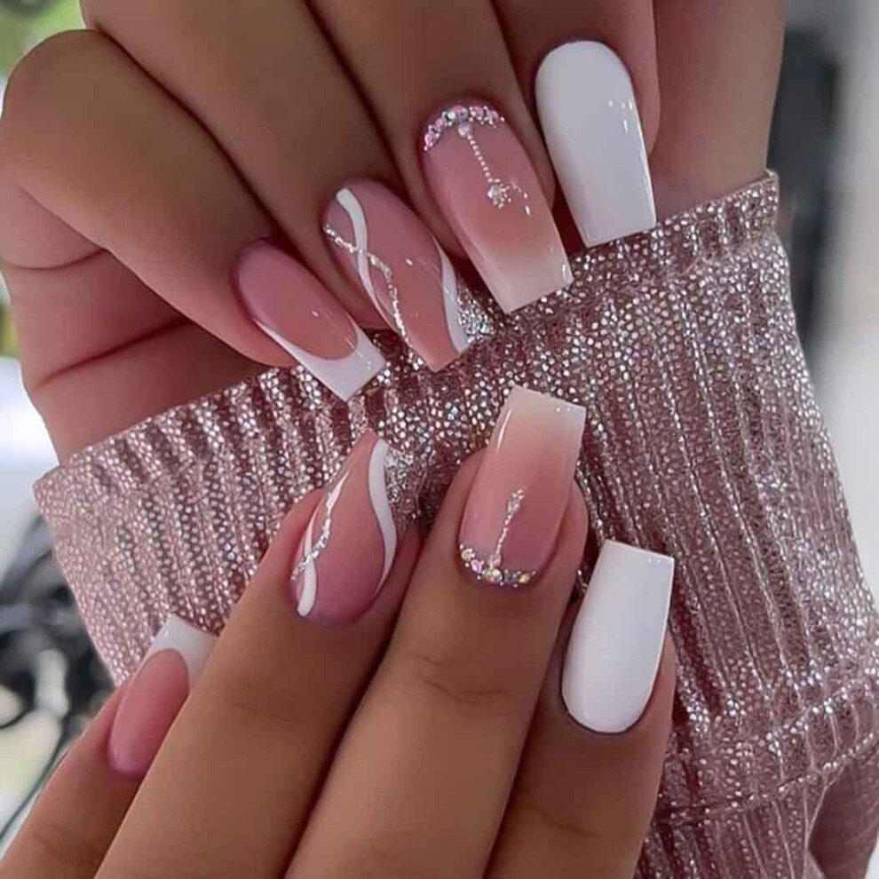 White Long Coffin Press On Nails Set, 24pcs Glossy French Tip Acrylic, Reusable Salon Style