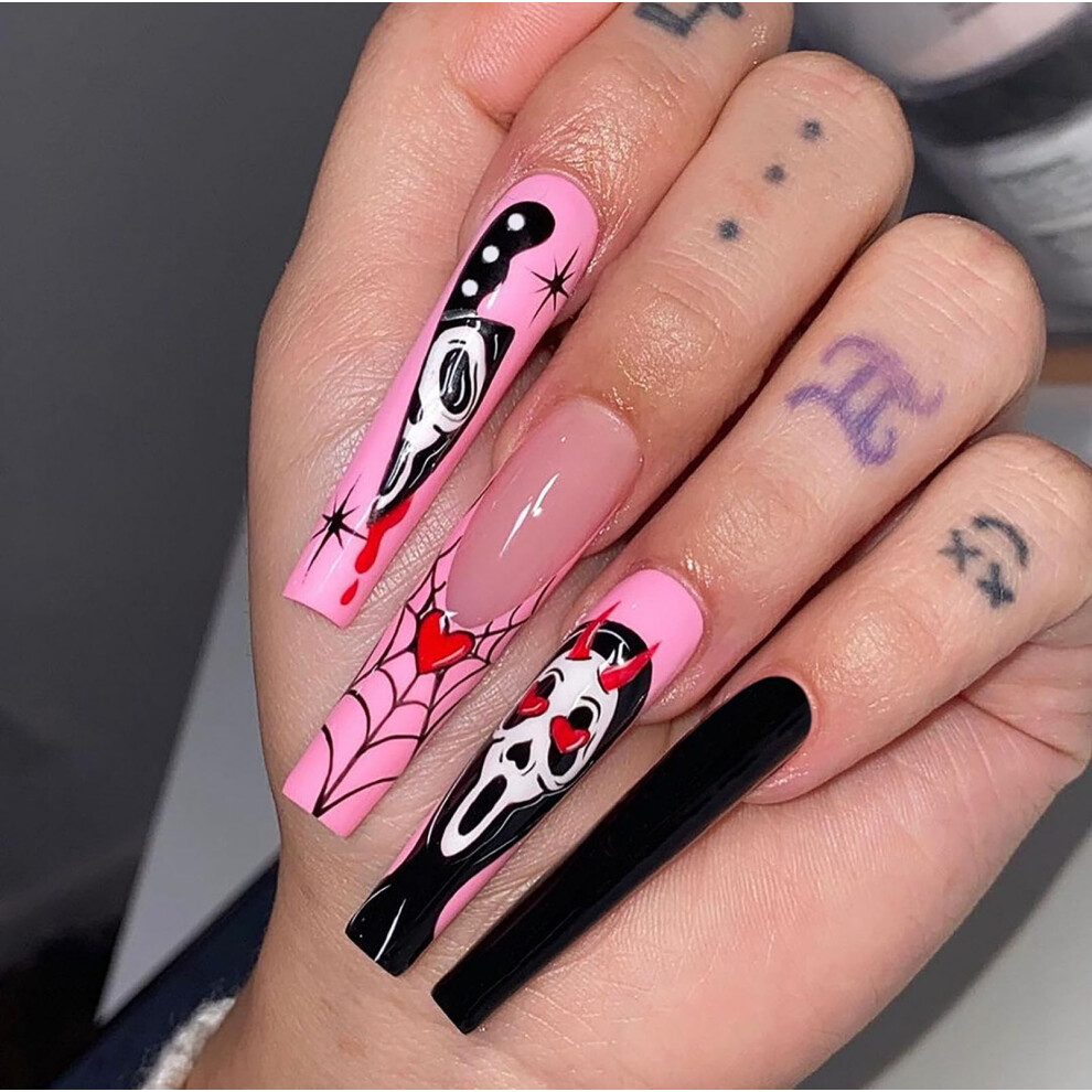 Pink,Black Halloween Press On Nails Long Coffin Pink French Tip Black Glossy Skull Spider 24Pcs Acrylic