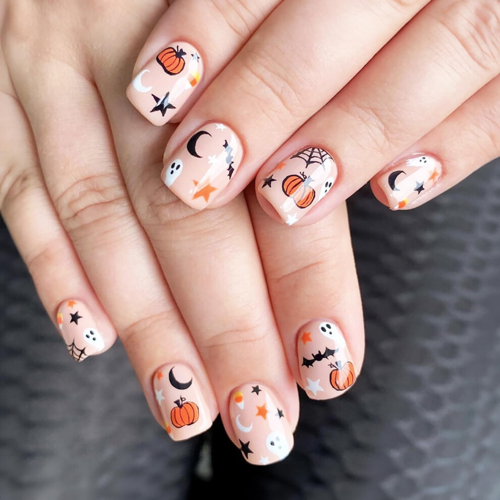 Halloween Press On Nails Square Short Fake Nails with Pumpkin Ghost Bat Design, 24pcs Kit