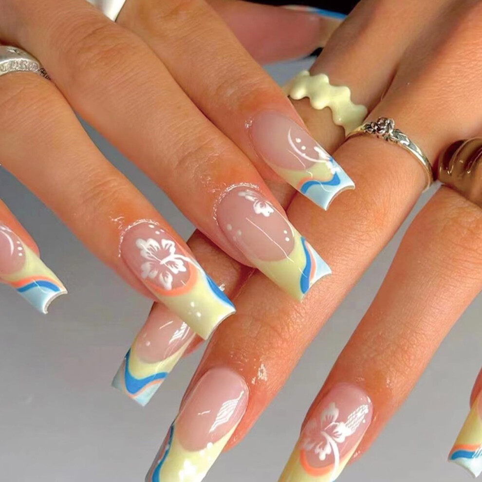 Cream Long Square Press On Nails French Nude Yellow Flower Glossy Full Cover Fake Nails Instant Manicure 24Pcs