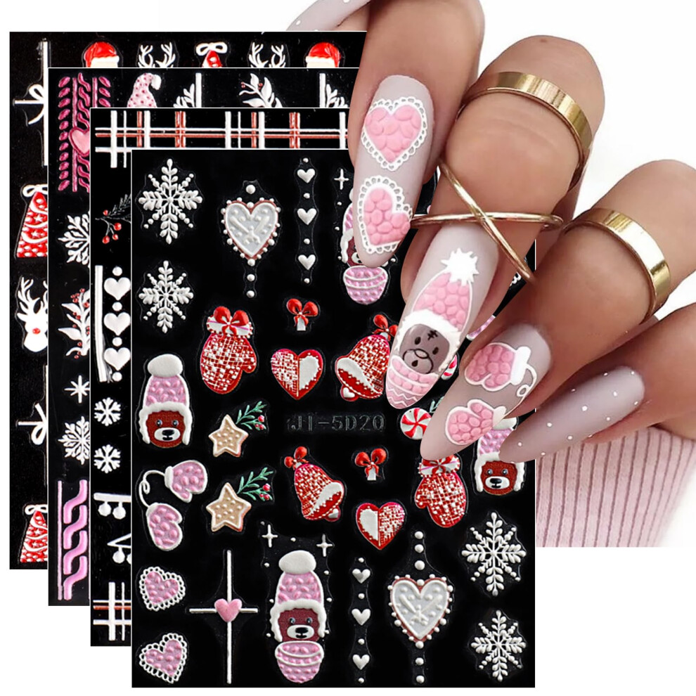 Pink Christmas Nail Stickers 4 Sheets 3D Selfadhesive Snowflake And Elk Nail Art Decals