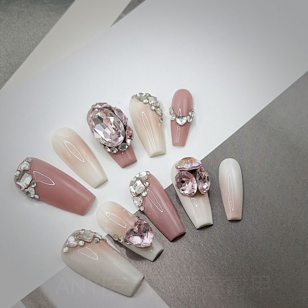 Handmade Pink Gel Press on Nails Set Medium Length Luxury Fake Nail Tips with Gloss Finish