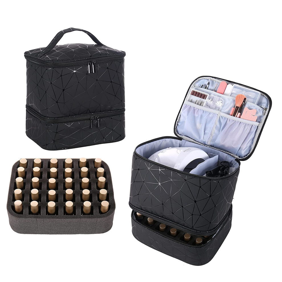 Nail Polish Organizer with UV Lamp Storage, Double Layer Case Holds 30 Bottles, TravelFriendly