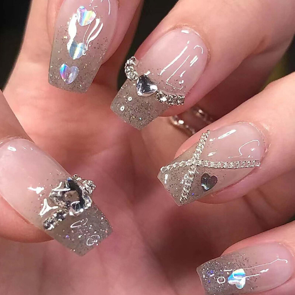 Medium Silver Tip Press On Nails with Rhinestones 24PCS Full Cover Fake Nails for Women