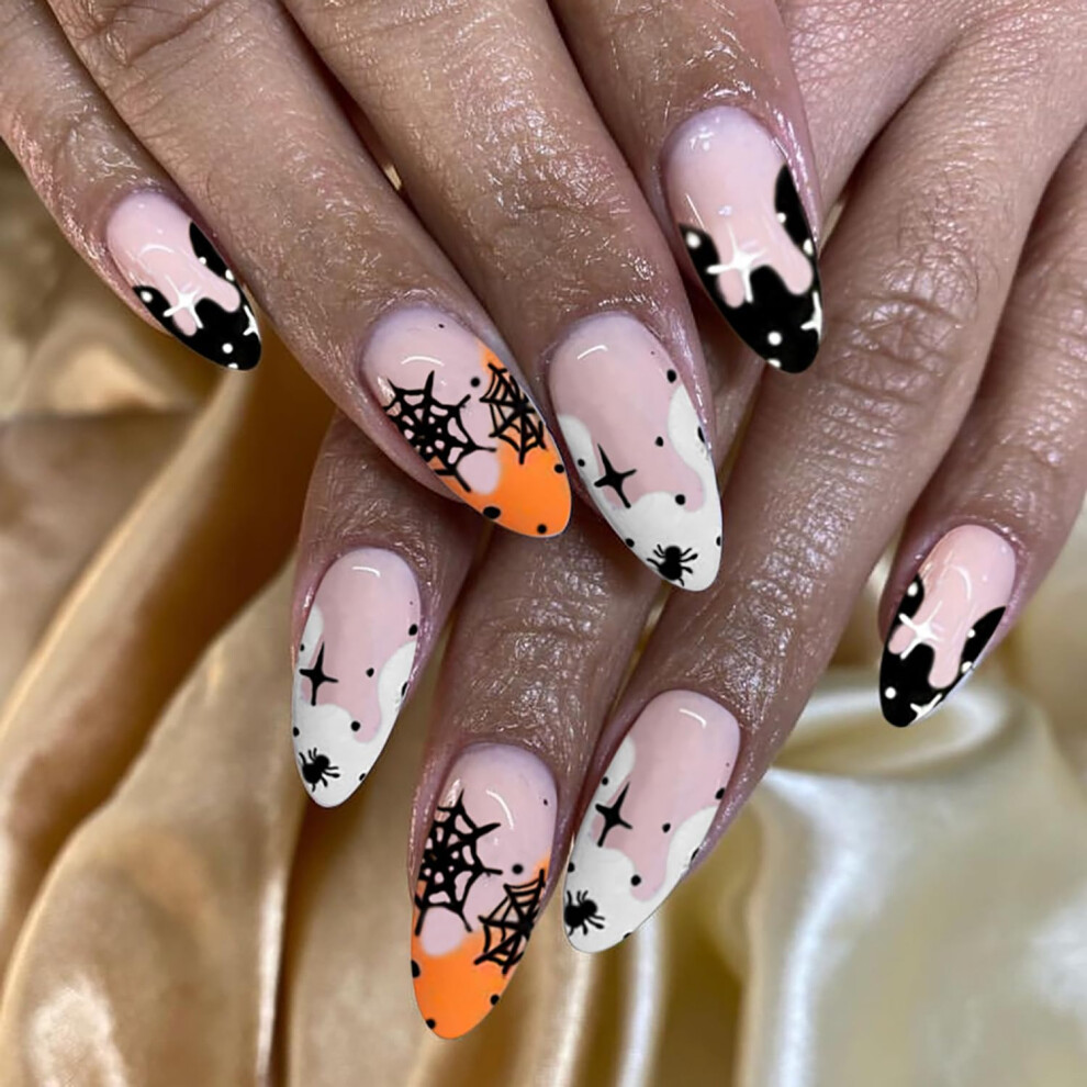 Halloween Press On Nails 24Pcs Glossy Black Spider Web Medium Almond Shape for Instant Manicure