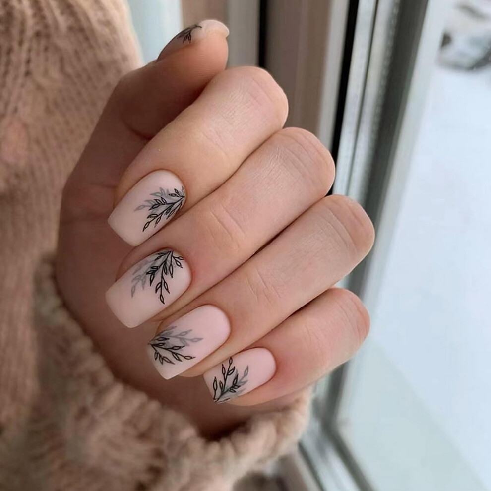 Autumn Leaf Press on Nails Matte Nude Medium Square Fake Nails Complete Nail Kit 24PCS