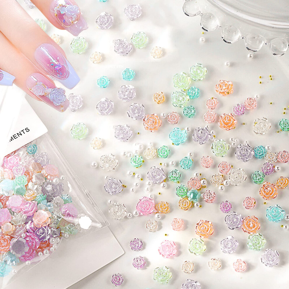 100 Pcs 3D Nail Art Decorations Resin Flower Charms Pearl Pastel Flat Back Beads for DIY Nails