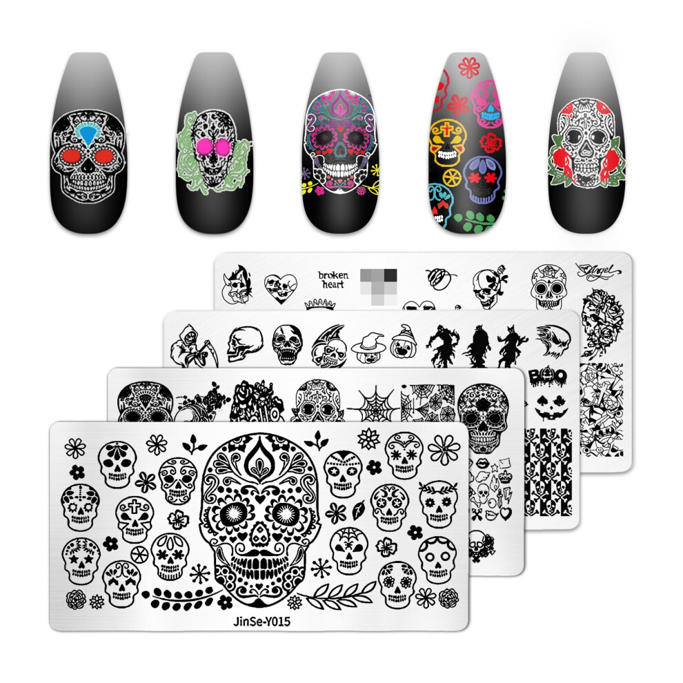 Halloween Nail Stamping Plates Set with Skull Designs, Gothic Manicure Templates, Reusable Steel