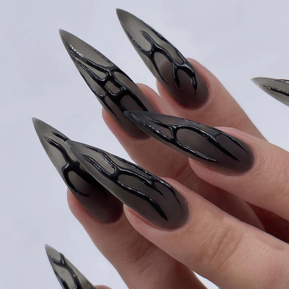 Black Long Stiletto Press On Nails Glossy False Nails Set 24Pcs Acrylic Reusable Manicure