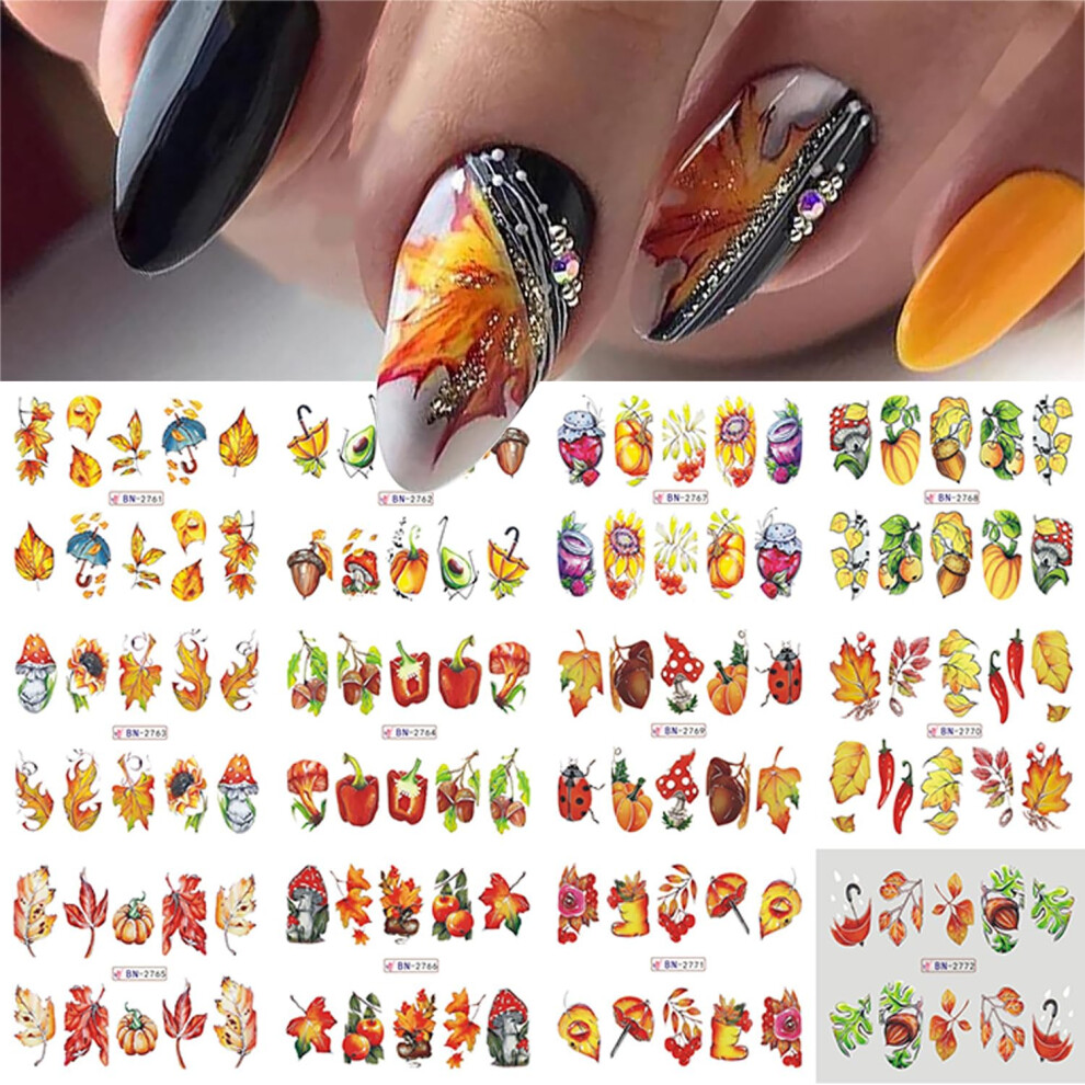 Fall Nail Art Stickers Autumn Maple Leaf Pumpkin Thanksgiving Nail Decals Easy DIY Manicure 12 Sheets