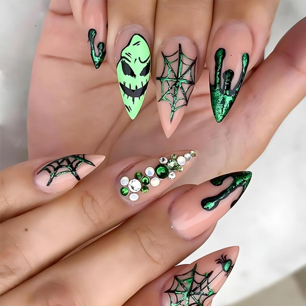 Dark Halloween Glow In The French Press On Nails Kit With Rhinestones, Glossy Acrylic Fake Nails 24Pcs
