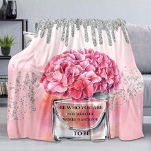 Floral Throw Blanket, Inspirational Pink Hydrangea Flower Bling Silver Glitter Perfume Cosmetic Makeup Design, Soft Flannel Fleece for Couch 50"x60"