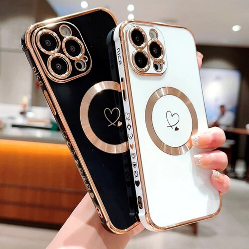 Capa de celular de luxo com Magsafe e coração magnético, compatível com iPhone 15, 14, 13, 12, 11 Pro Max e Plus com carregamento sem fio. 1
