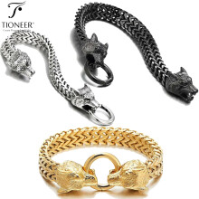 Bracelet Tioneer en acier inoxydable avec fermoir à ressort et tête de loup, chaîne Franco, 22,9 cm - 24,1 cm
