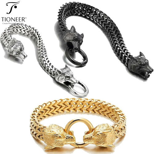 Pulseira Tioneer em aço inoxidável com fecho de mola e corrente Franco com cabeça de lobo, 9" a 9,5 polegadas