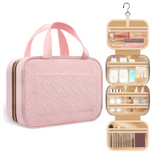 SUSUchens Folding Toiletry Bag with Handle, Zipper Closure, Large Capacity, Multiple Compartments, Wet/Dry Separation, Travel Makeup Bag, Pink