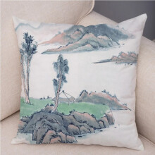 Kussenslopen van katoen en linnen voor slaapkamer en woonkamer, decoratie met Chinees inktlandschap, groene print voor bank en huisdecoratie.