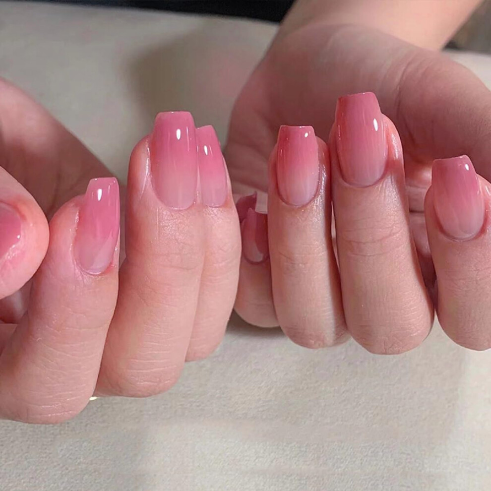 Pink Press On Nails Square Glossy Fake Nails Kit With Glue And Tabs For Women And Girls