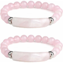 Asgyf Handgefertigtes Armband aus dehnbarem Edelstahl mit Heilkristallperlen, 2er-Packung, rosa Rosenquarz