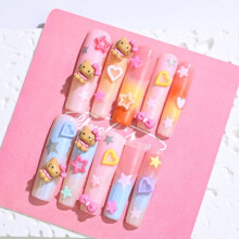 Ongles Frely's SQUARE Rainbow Kitty, nail art fait main, faux ongles à coller, coffret cadeau de Noël avec décorations de Noël, multicolores et S