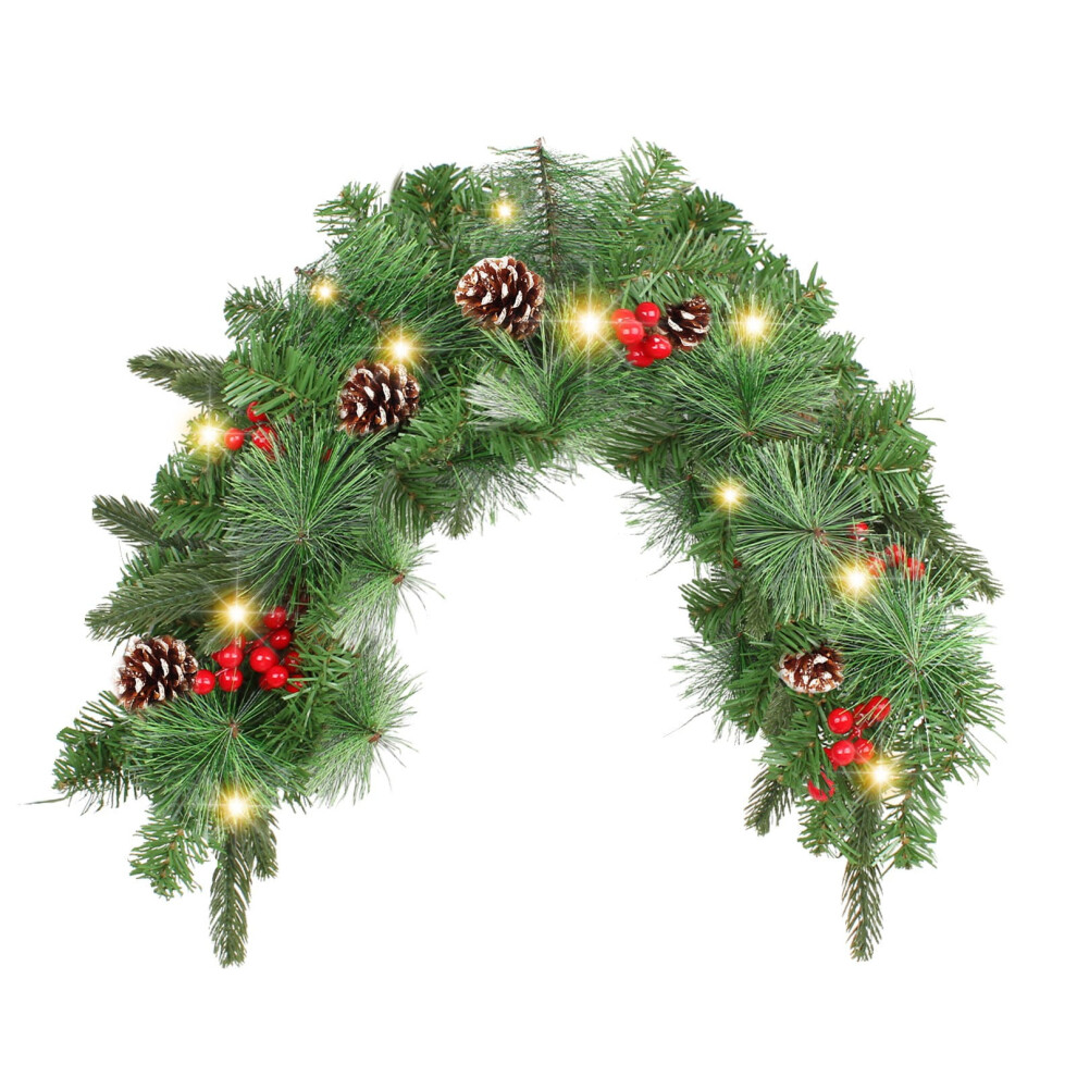 Yuehao 35In Christmas Garland Wreath With Wintry Berries, Greenery, Cones & 20 Led Battery Lights - Outdoor Mailbox Decor, Green 9164030078895