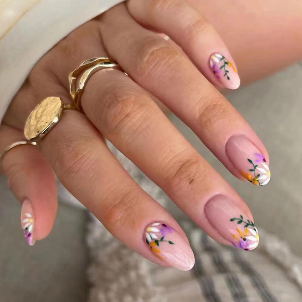 Short Nude Purple Almond Press On Nails with Flower Designs, 24Pcs Fake Nails for Women Girls