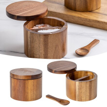 Boîte à épices Winysin 2 bols en bois et à poivre avec couvercle pivotant et cuillère intégrée pour ranger épices et condiments