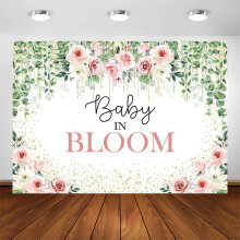 Baby i blomst baggrund salvie grønne blade lyserøde blomster baby shower dekoration, pige blomster natur tema fotografering baggrund kagebord banner