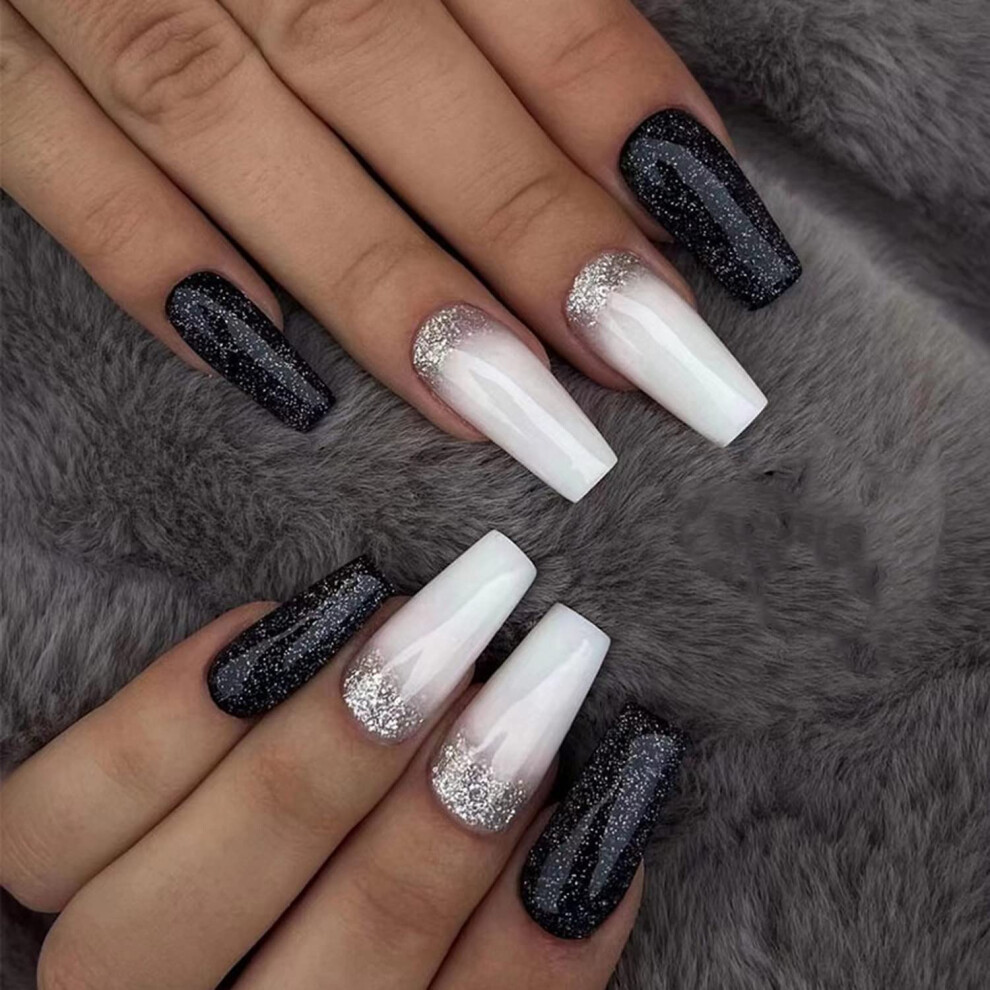 White,Black Long Coffin Press On Nails Set Glossy Black And White Glitter Full Cover Cute Artificial Nails 24Pcs