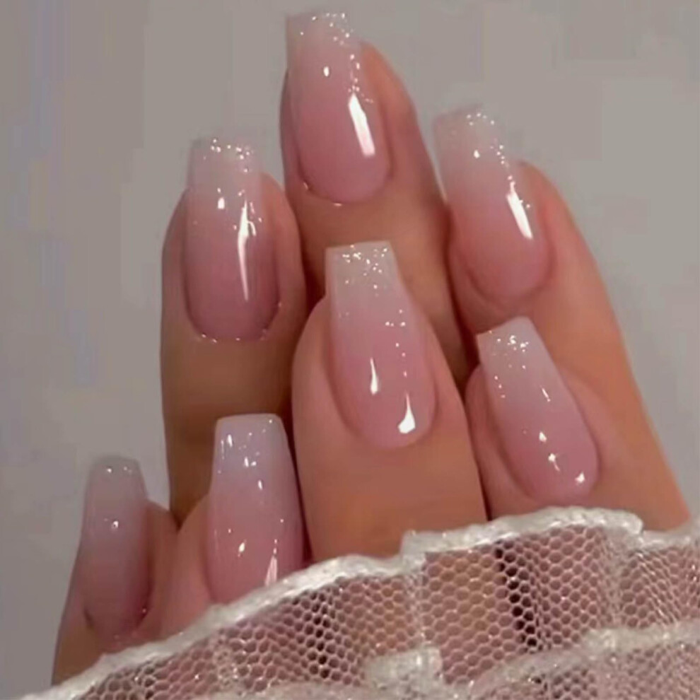 Pink Medium Coffin Press On Nails Set With Glue, Salonquality False Tips, 24Pcs