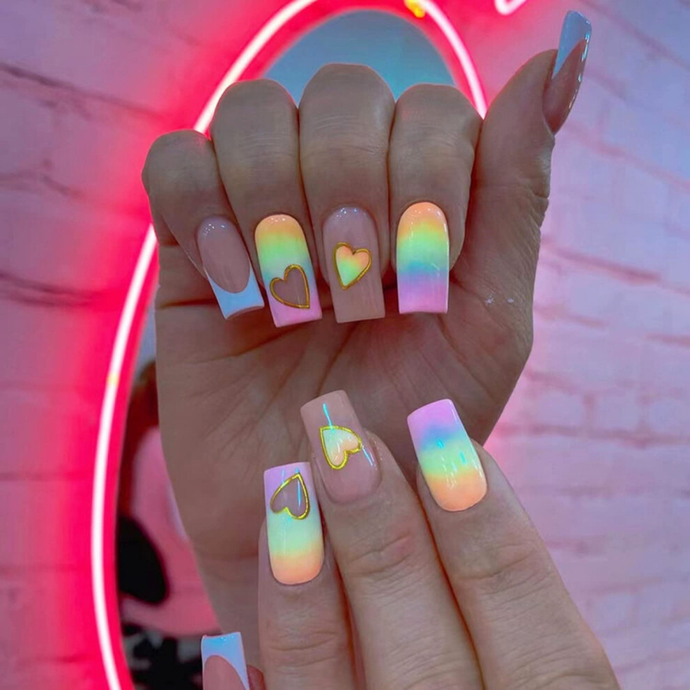 Cream 24Pcs Square Press On Nails Rainbow Gradient Fake Nails With Heart Design Glossy Nude Acrylic For Women