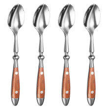 Grapefruitlöffel, 4er-Set, gezahnt, Edelstahl 18/8, Obstlöffel, Kiwilöffel mit Holzgriff