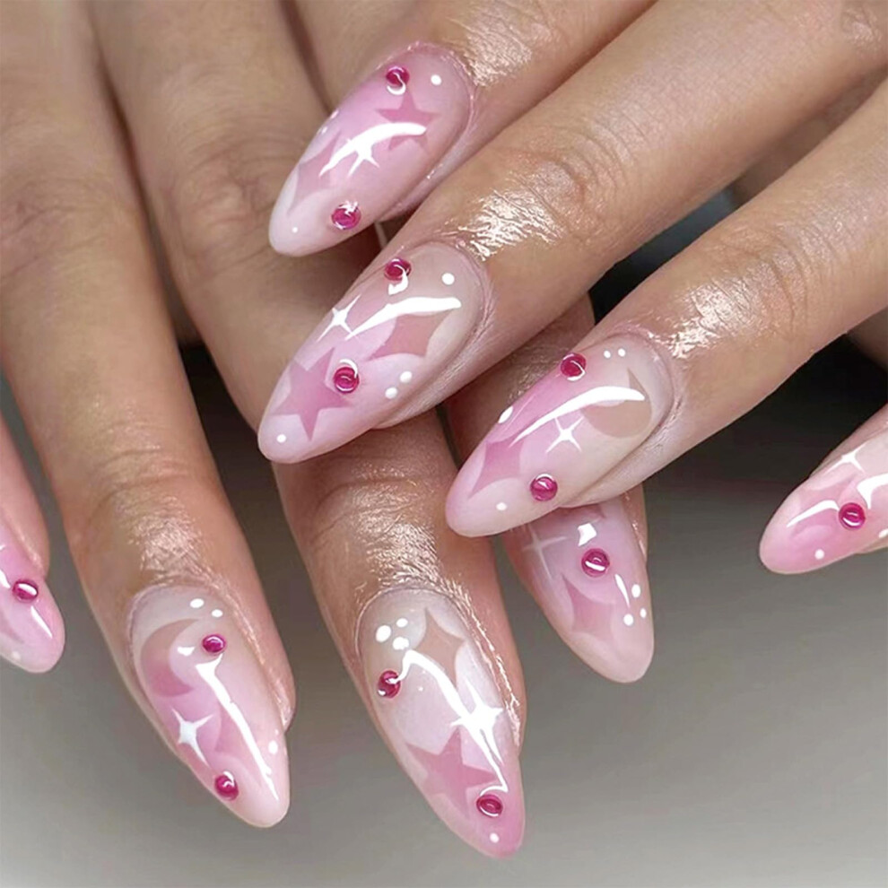 Medium Almond Press On Nails Stiletto Pink Star and Moon Design with Glue 24pcs LongLasting Wear