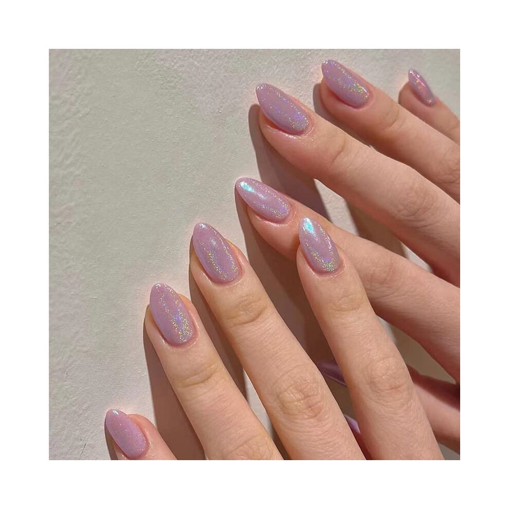 White Almond Press On Nails With Glitter Gradient, Pearl Fake Nails 24Pcs, Reusable Jelly Glue