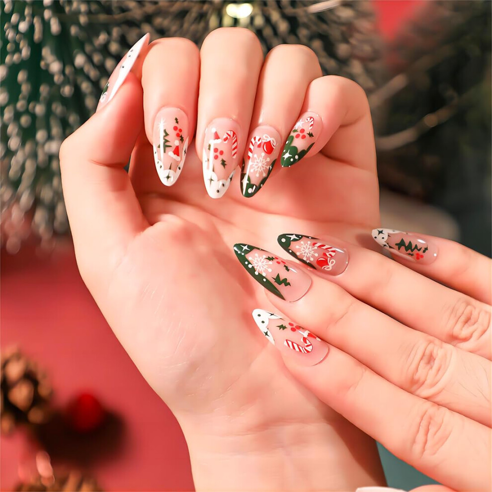 Christmas French Tip Press On Nails Almond Shape Acrylic Fake Nails with Santa Hat and Snowflake 24Pcs