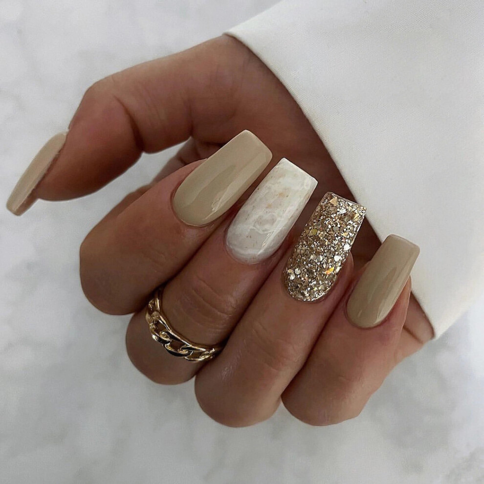 Cream Long Square Press On Nails With Nude Squoval Glitter, 24Pcs Salon Quality Acrylic False Nails