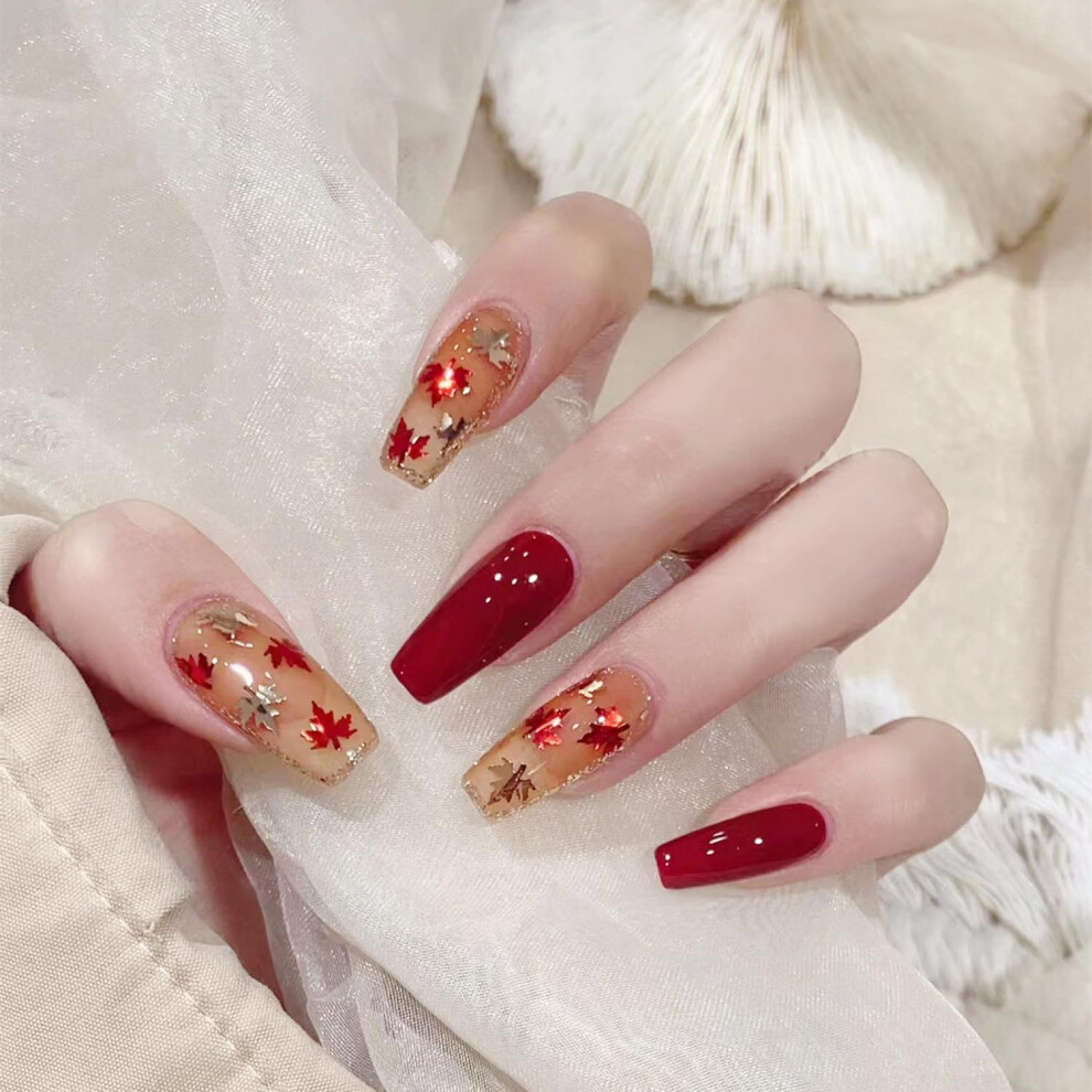 Fall Press On Nails Coffin Long Fake Nails Wine Red Maple Leaf Autumn Acrylic Set 24Pcs