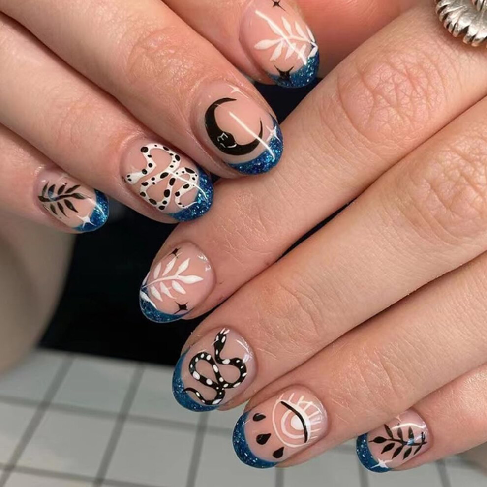 Blue French Tip Press On Nails Short Oval Fake Nails with Sparkle Snake Star Moon Design 24pcs