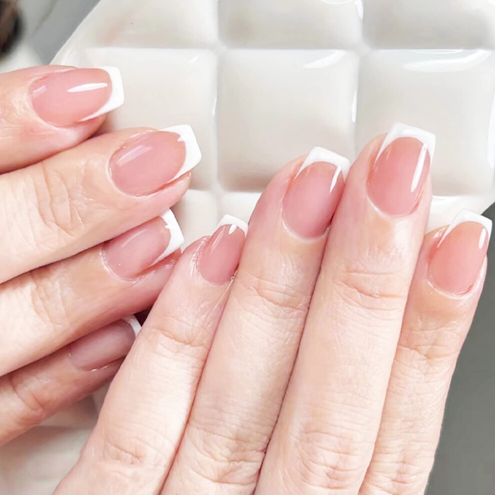 White Short French Tip Square Press On Nails Acrylic Fake Nails Instant Salon Look 24Pcs