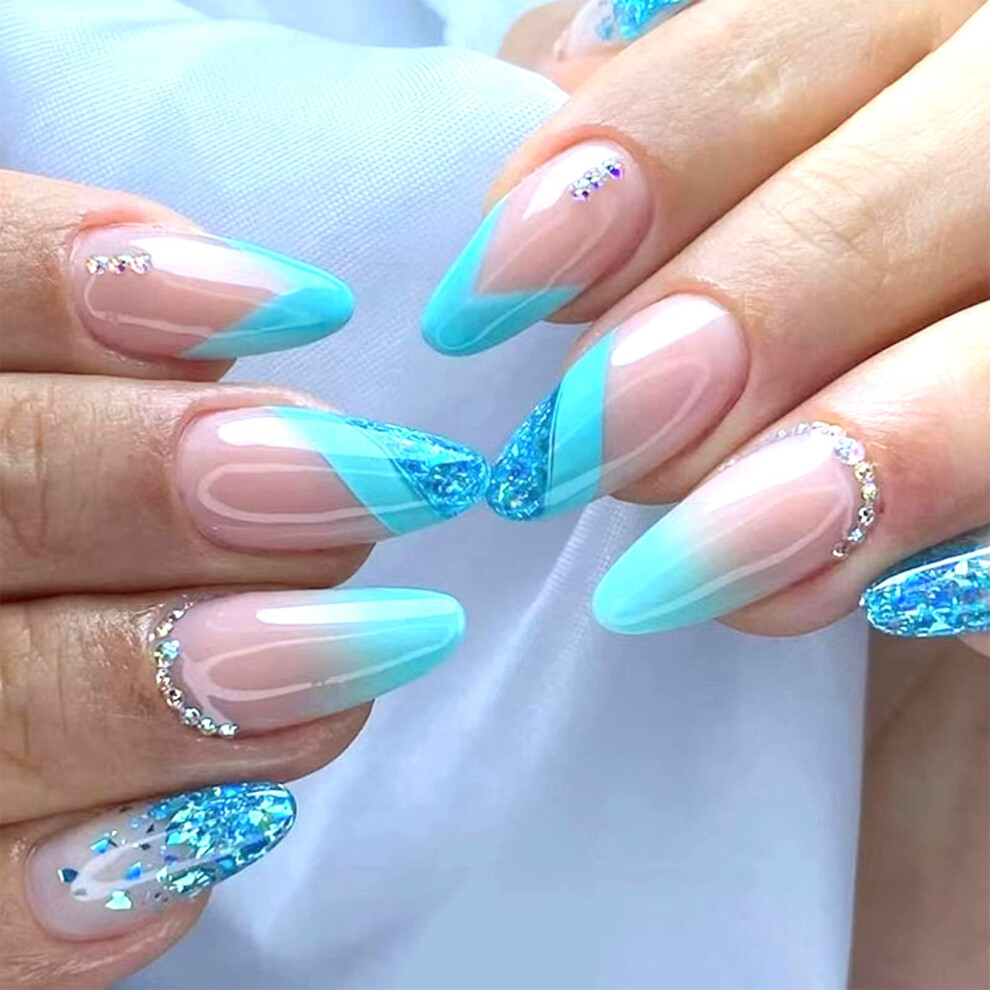 Blue Medium Almond Press On Nails Gradient French Tip Fake Nails With Rhinestones 24Pcs