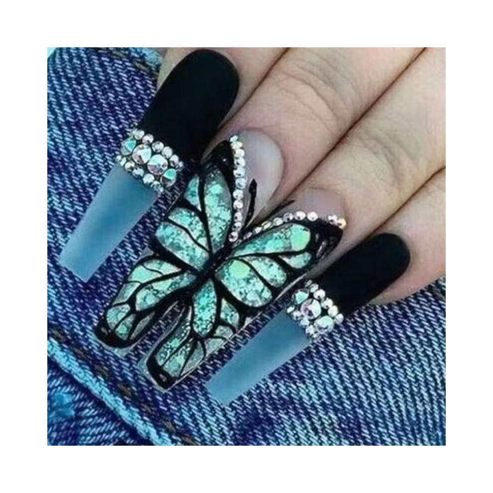 Long Coffin Press on Nails with Rhinestones, 24pcs Reusable French Tips Fake Nails Kit for Women