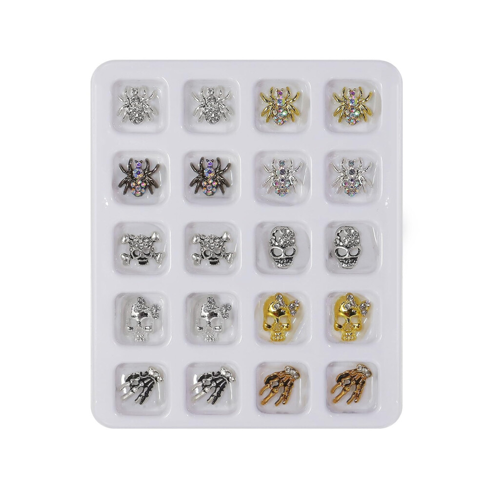 Silver,Gold Halloween Nail Charms For Acrylic Nails 20Pcs Gold And Silver 3D Spider Skull Rhinestone Decorations