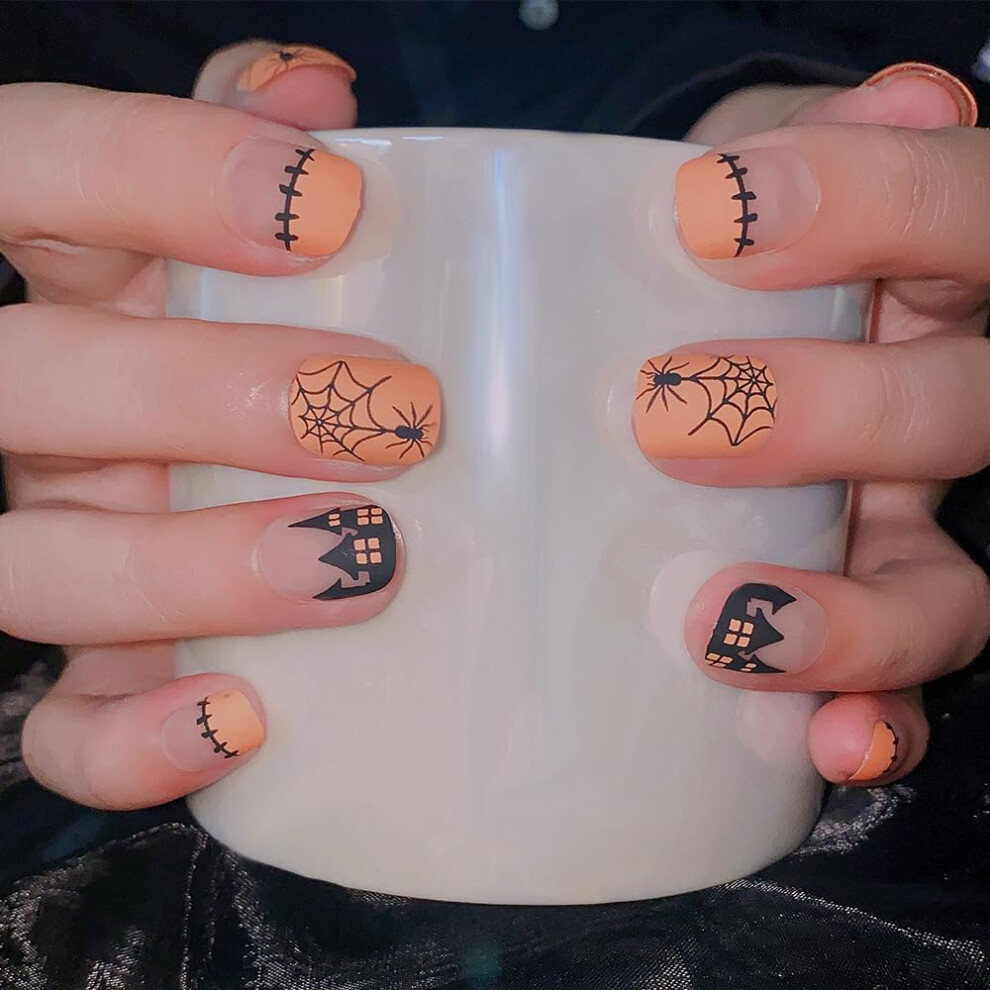 Halloween Press On Nails Short Square Spider Web Acrylic Fake Nails Reusable 24PCS for Women
