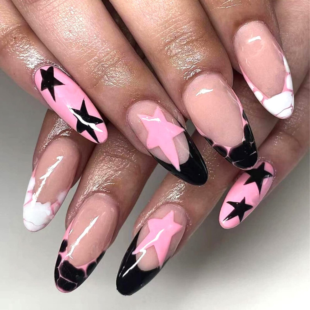 Pink,White Medium Almond Press On Nails Pink And White Stiletto Fake Nails Set With Designs 24Pcs