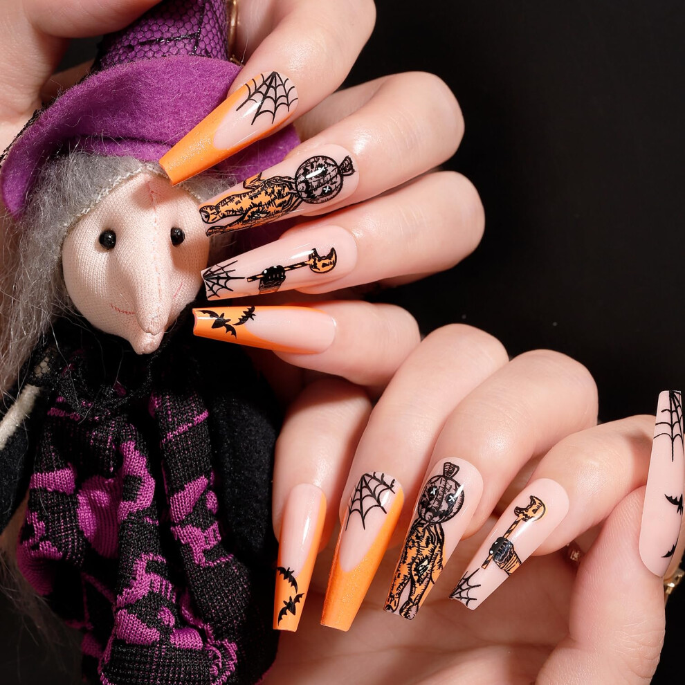 Halloween Press On Nails Set Long Coffin Fake Nails 24pcs with Glue Multiple Sizes