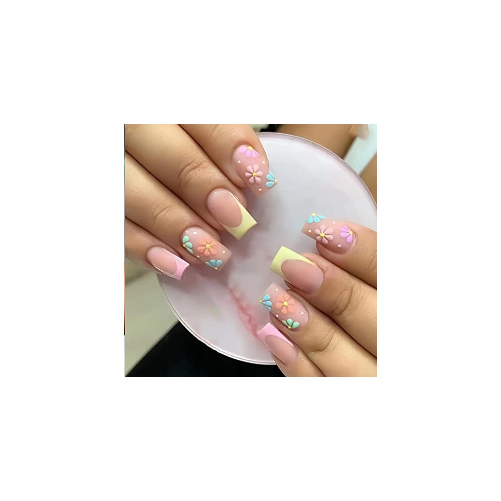Pink Floral Press on Nails Medium Matte Square Fake Nails Set with Adhesive Pads