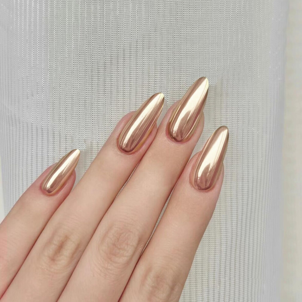 Gold Press On Nails 24Pcs Metallic Almond Fake Nails Reusable Acrylic Set For Instant Salon Look