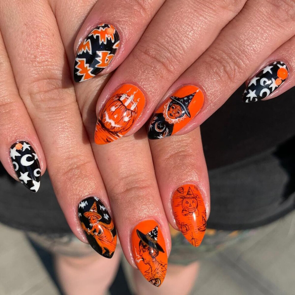 Black Halloween Press On Nails Set 24Pcs Orange Coffin Acrylic Pumpkin Witch Bat Design Reusable